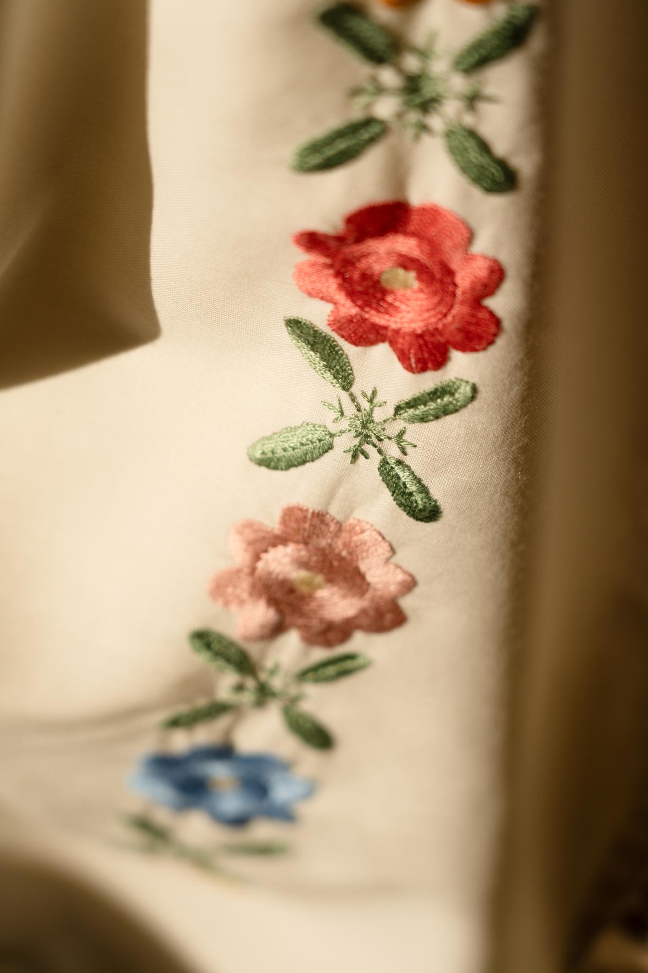Close-up of embroidered floral pattern on fabric