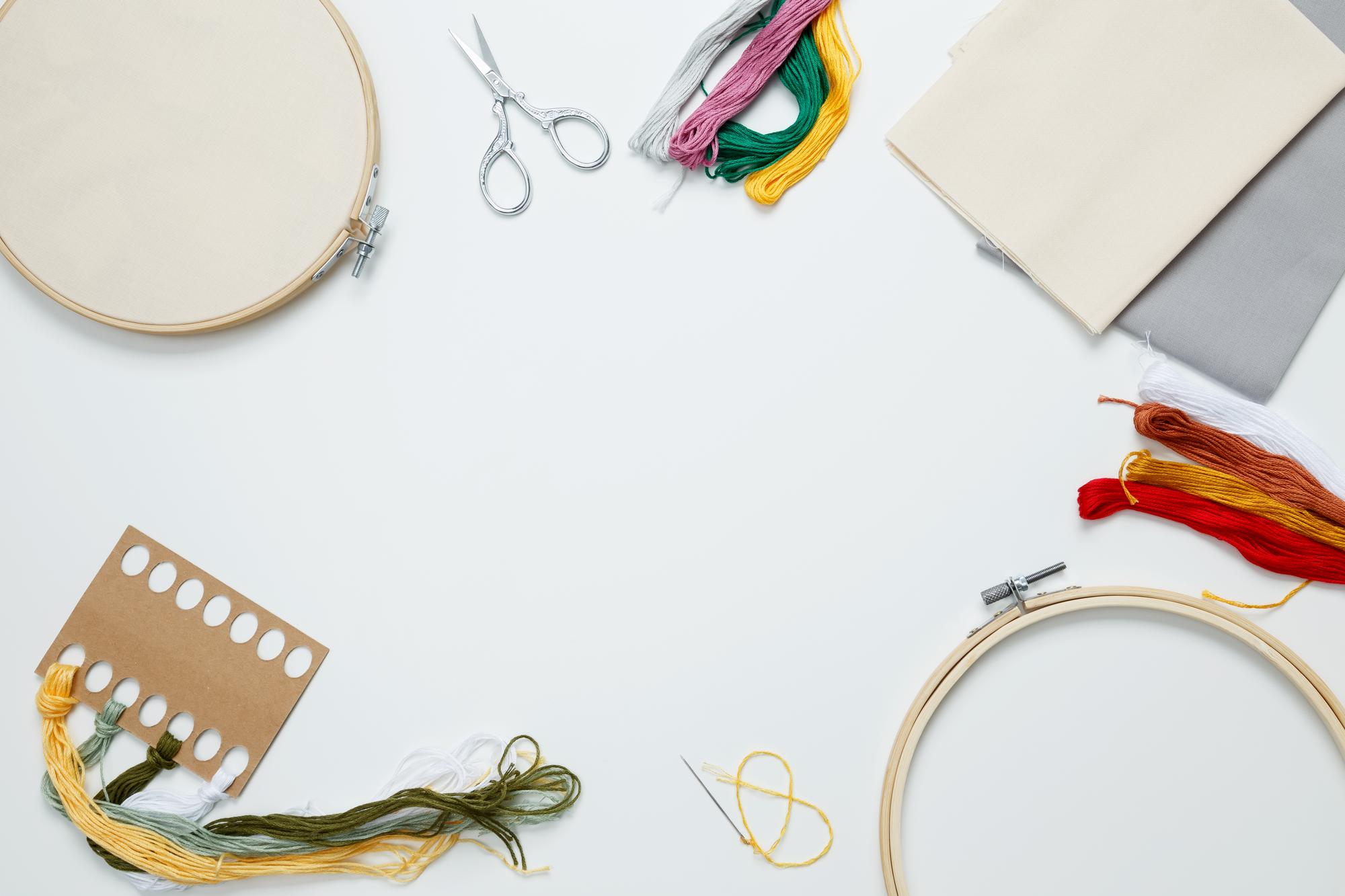 Workspace with hoops, threads and patterns