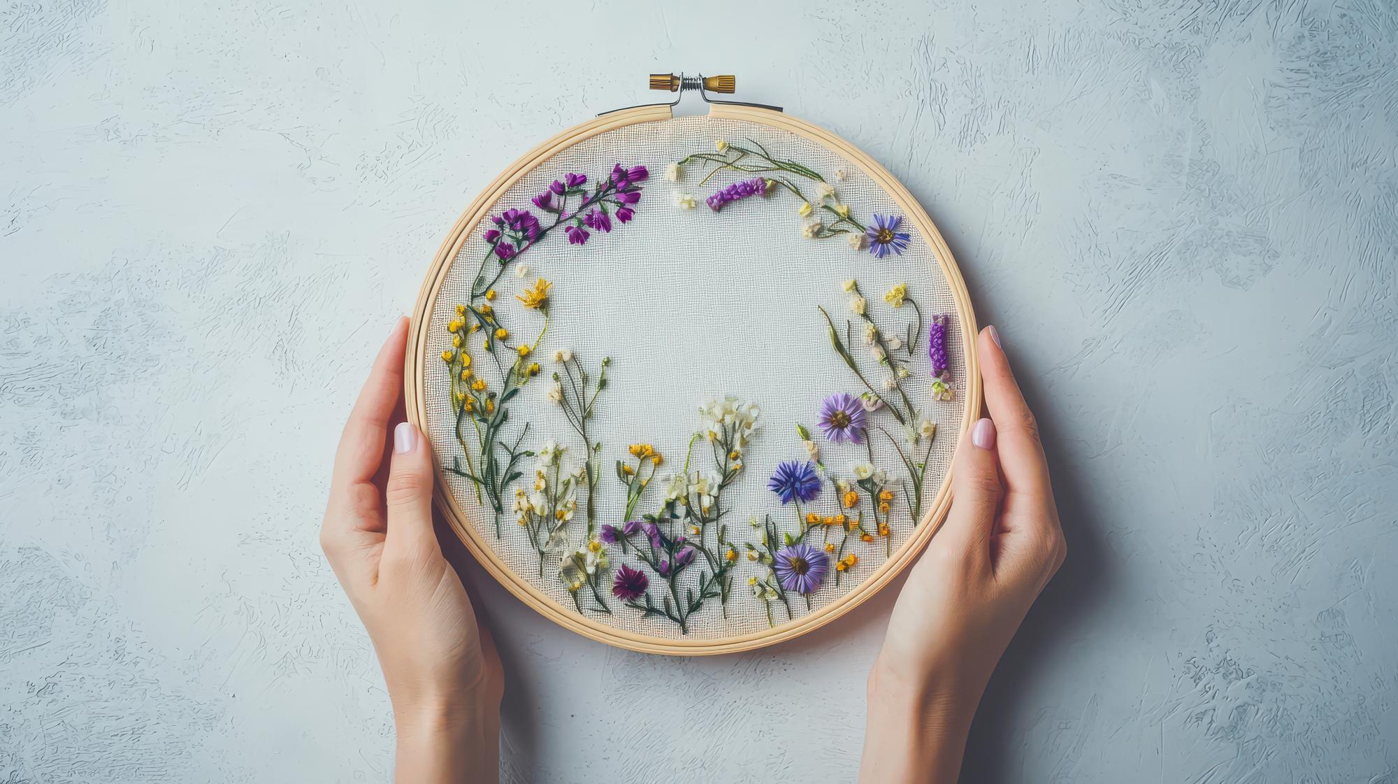 Woman stitching floral embroidery on hoop